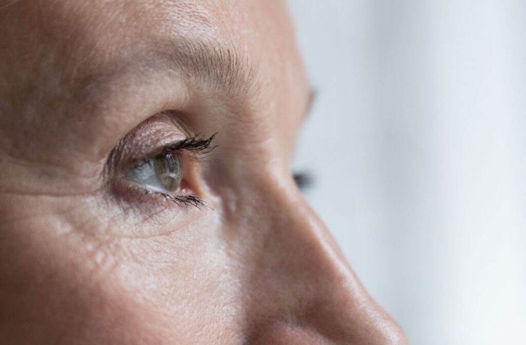 Close up of a side view of an older adults eyes