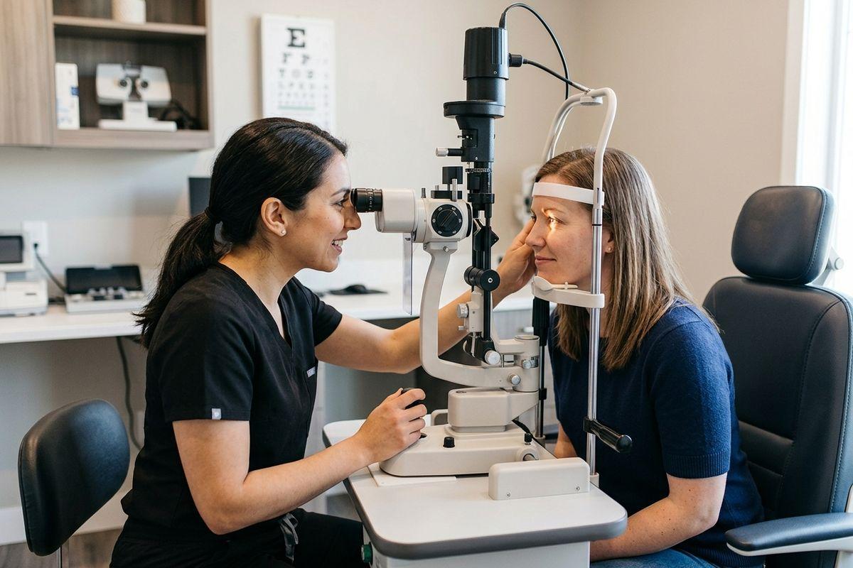 Optometrist smiling while examining a seated patient's eye using a slit lamp.