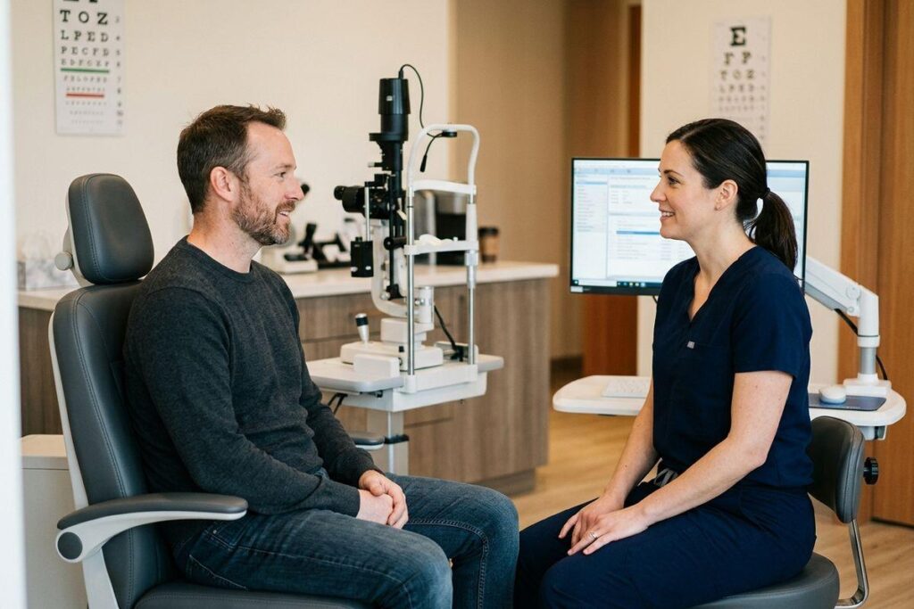 Patient seated in an exam chair talking with a smiling optometrist.