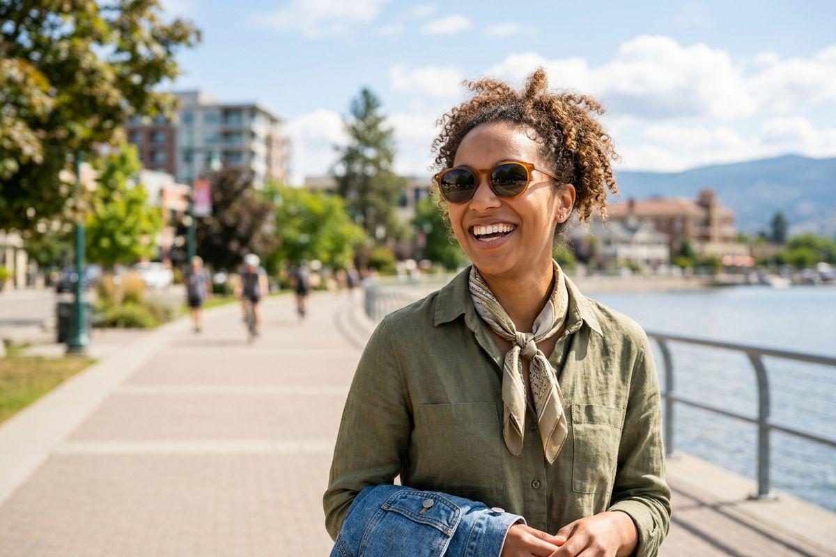 Smiling adult wearing sunglasses and a neck scarf standing on a sunny waterfront promenade with trees and buildings in the background.