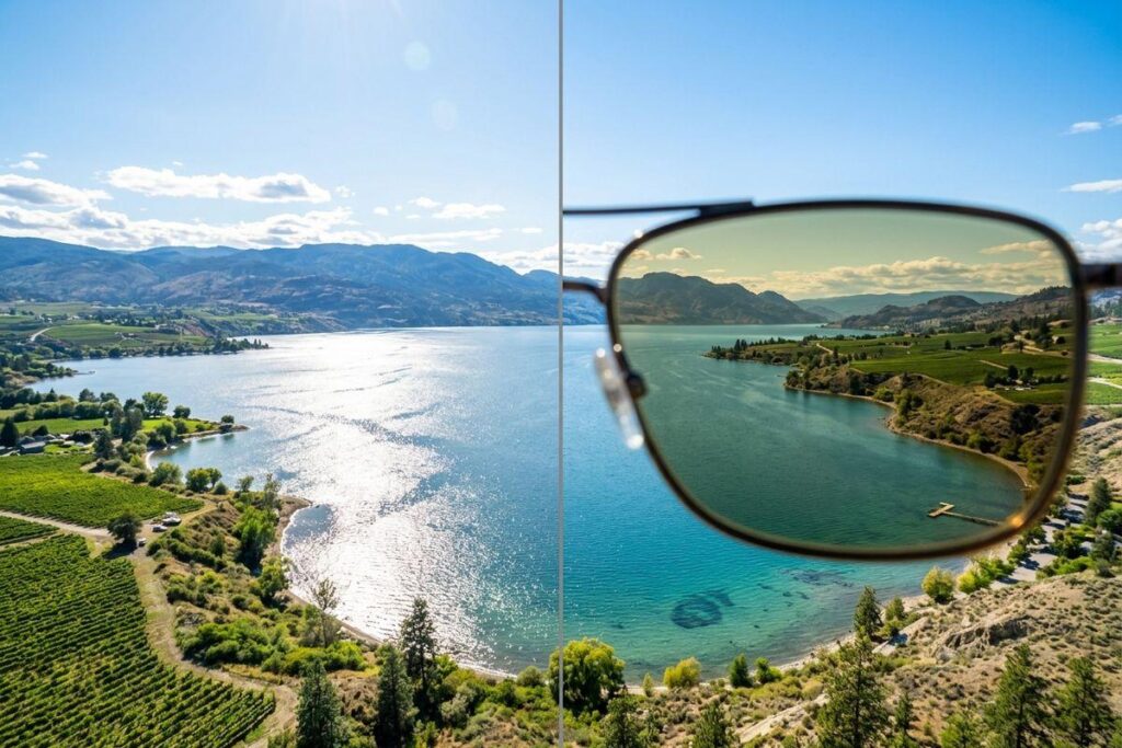 Split-view of a lake and mountain landscape: left side unfiltered, parts of right side seen through a tinted sunglass lens showing enhanced color contrast.
