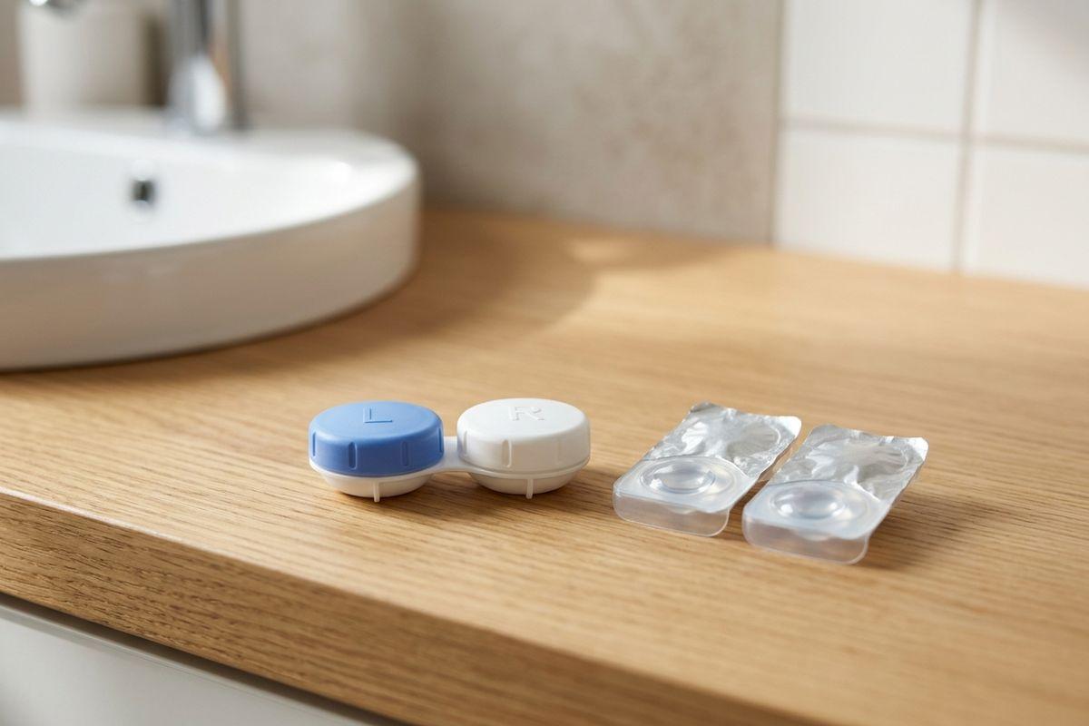 Contact lens case with blue and white caps beside two open blister packs on a wooden bathroom countertop near a sink.