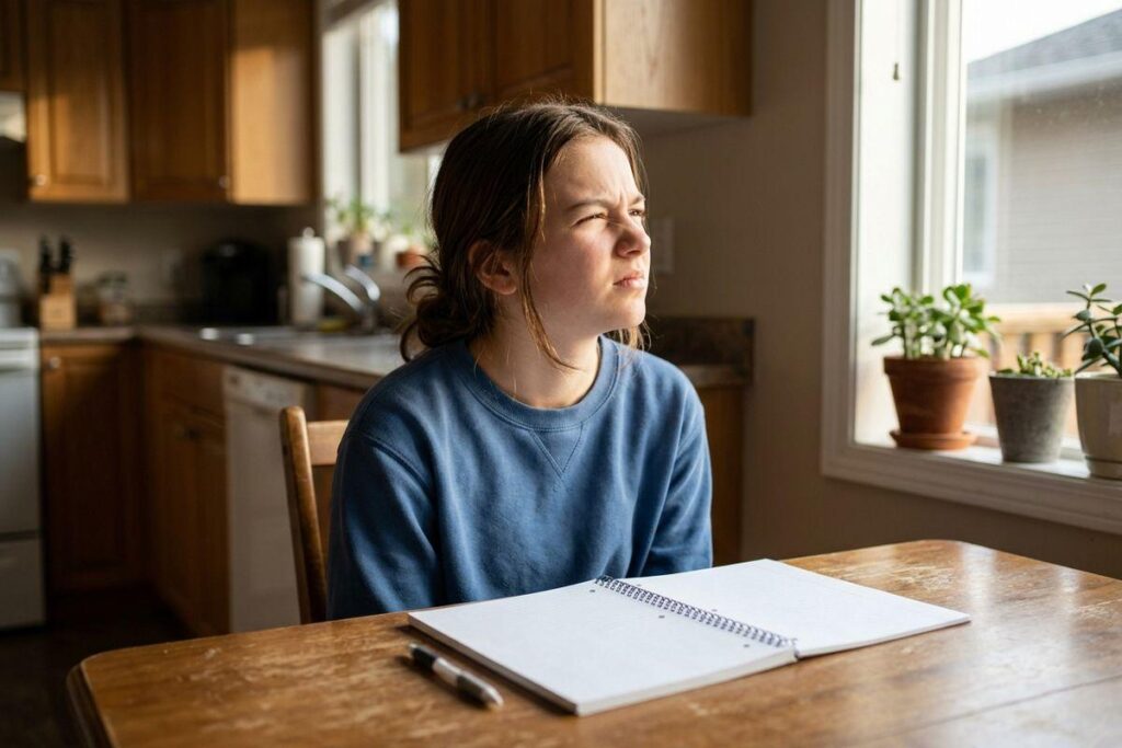 Person in a blue sweatshirt sitting at a kitchen table with an open notebook and pen, squinting toward a bright window.