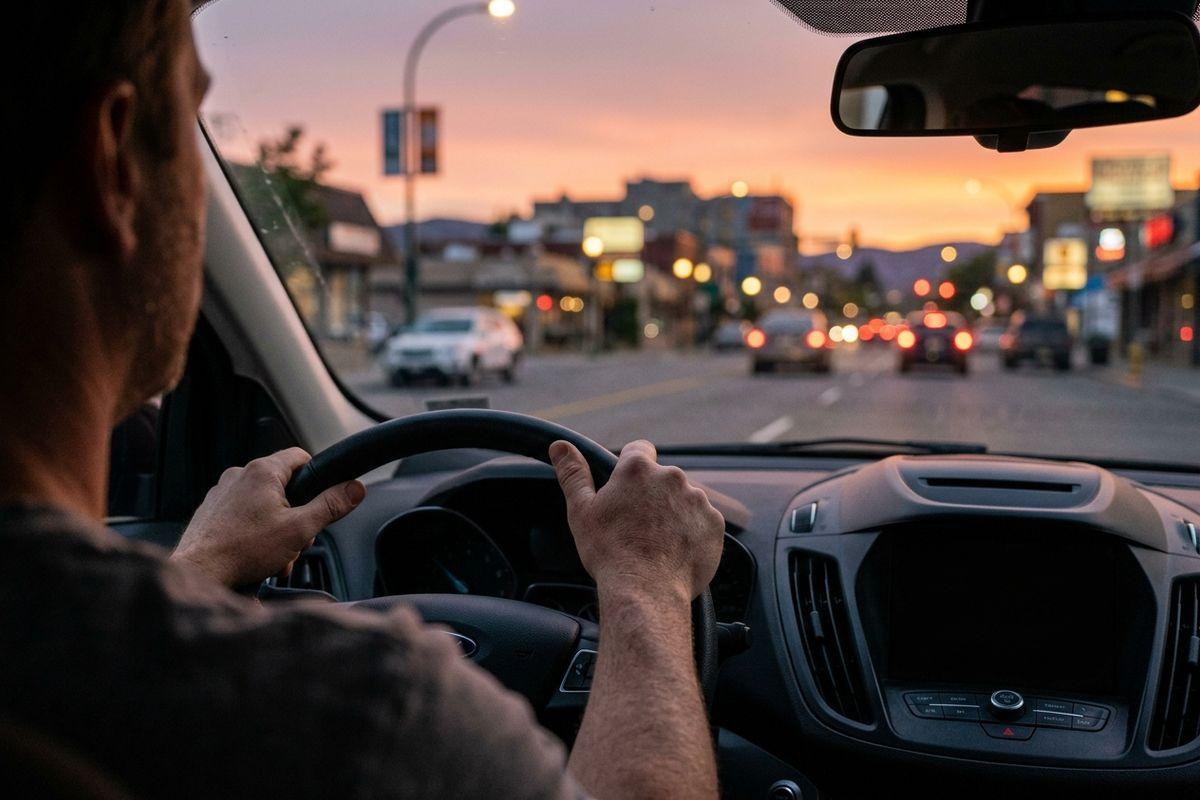 View from back seat of a person driving with both hands on the wheel along a town street at sunset, traffic ahead.