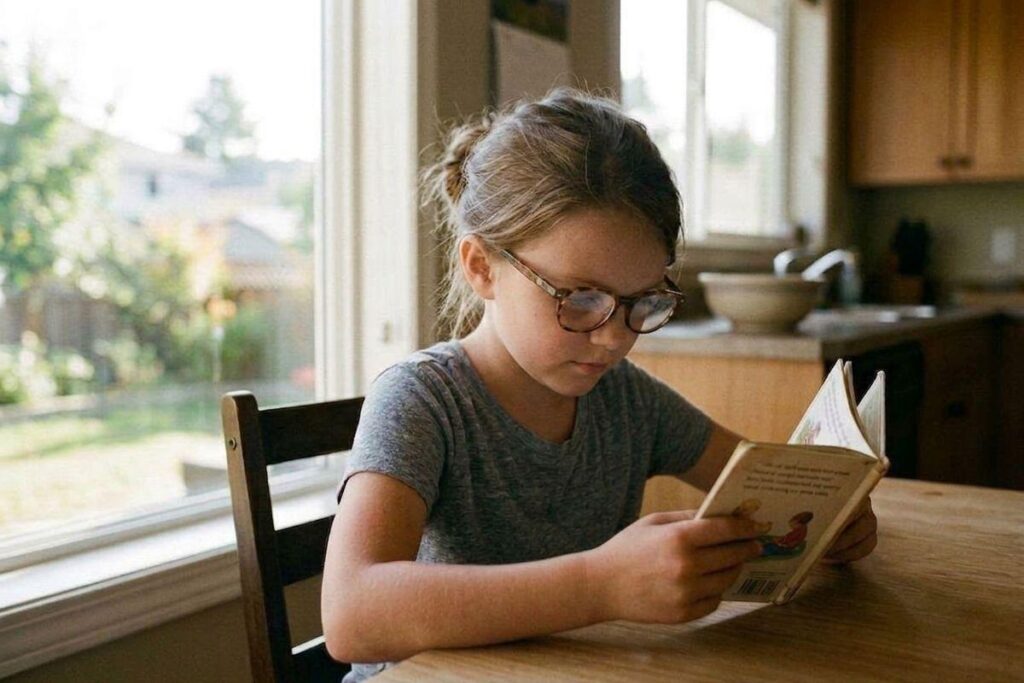 Child wearing glasses reads a book at a kitchen table by a window, looking focused.