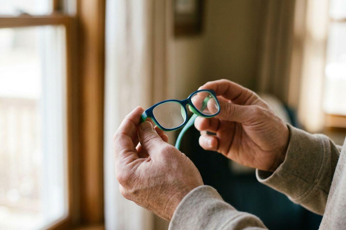 Close-up of an adult's hands holding blue and green framed eyeglasses with thick concentric-ring lenses, near a window indoors.