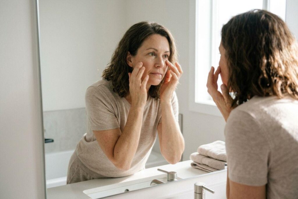 Adult leaning toward a bathroom mirror, touching the skin under both eyes with fingertips, looking closely at their reflection.