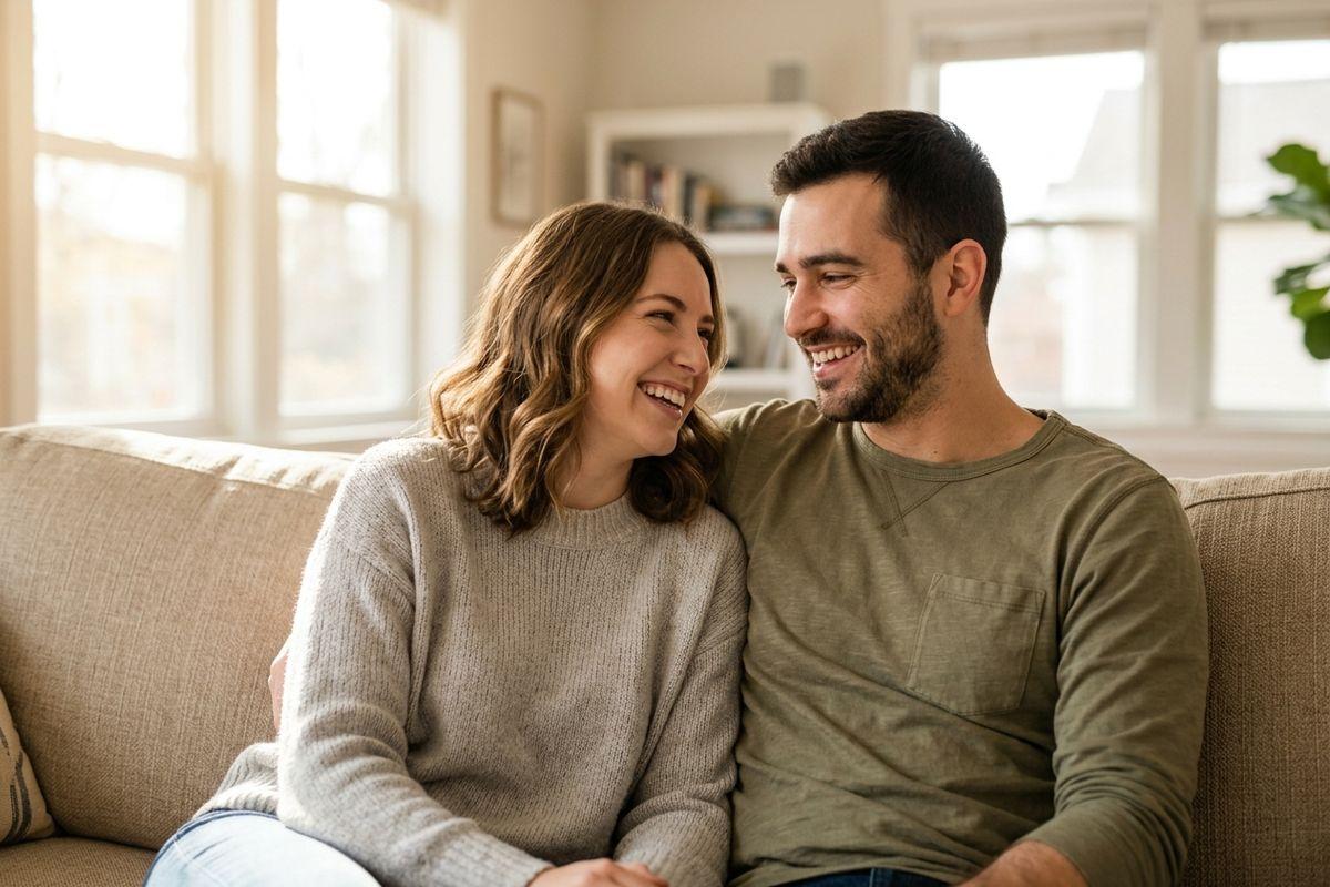 Two adults sit close together on a beige couch in a sunlit living room, smiling and looking at each other.
